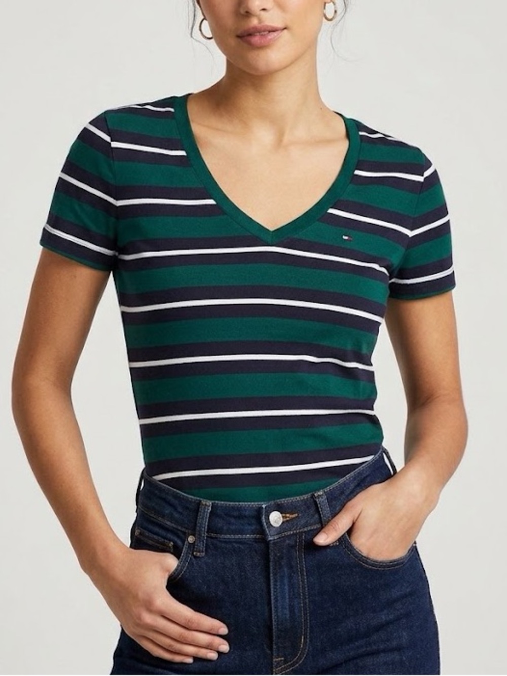 Tommy Hilfiger Green & Navy Striped V‑Neck Short Sleeve Tee NWT